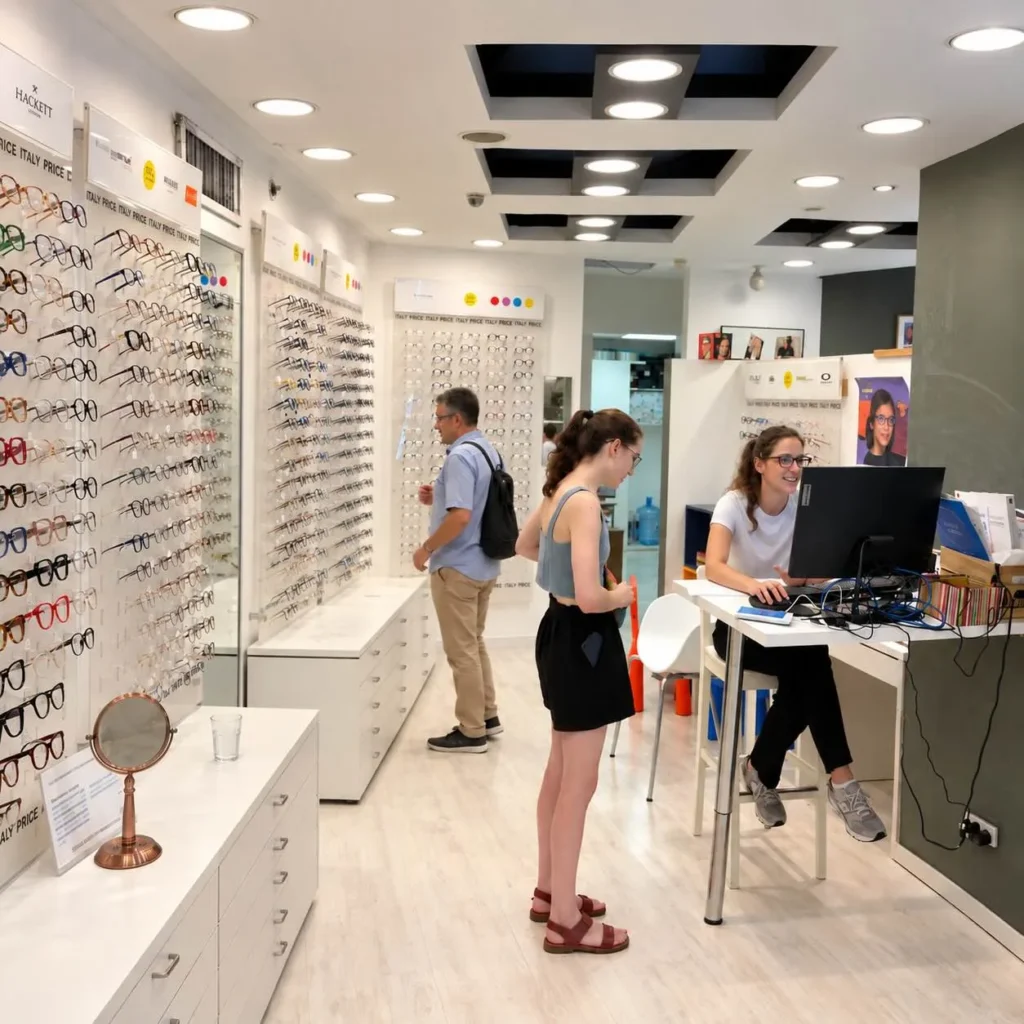 לקוחות בוחרים מסגרות מול קיר המשקפיים בחנות רואים שקוף בדיזנגוף סנטר, תל אביב, ועובדת החנות בעמדת השירות